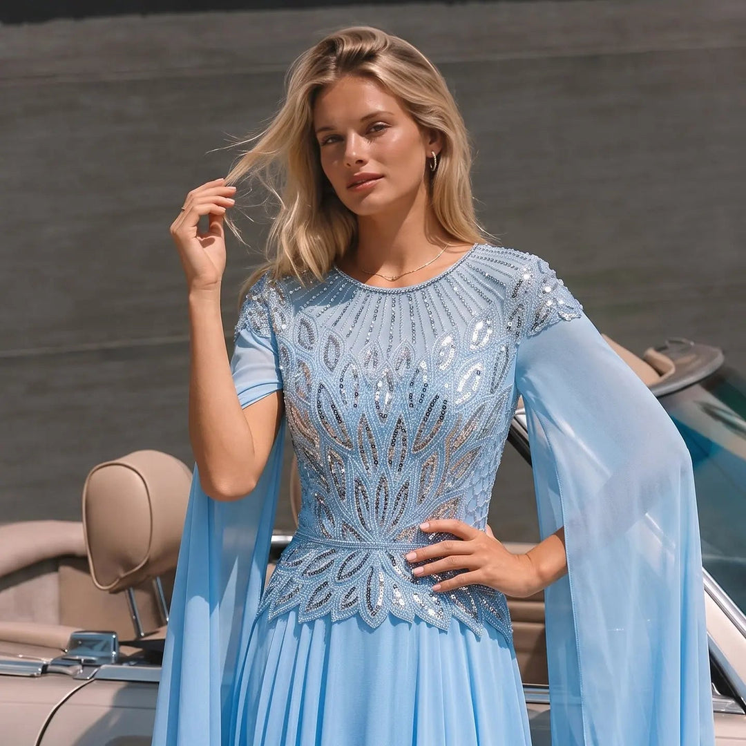 Elegant Crystal Beaded Evening Gown with Draped Sleeves SS104