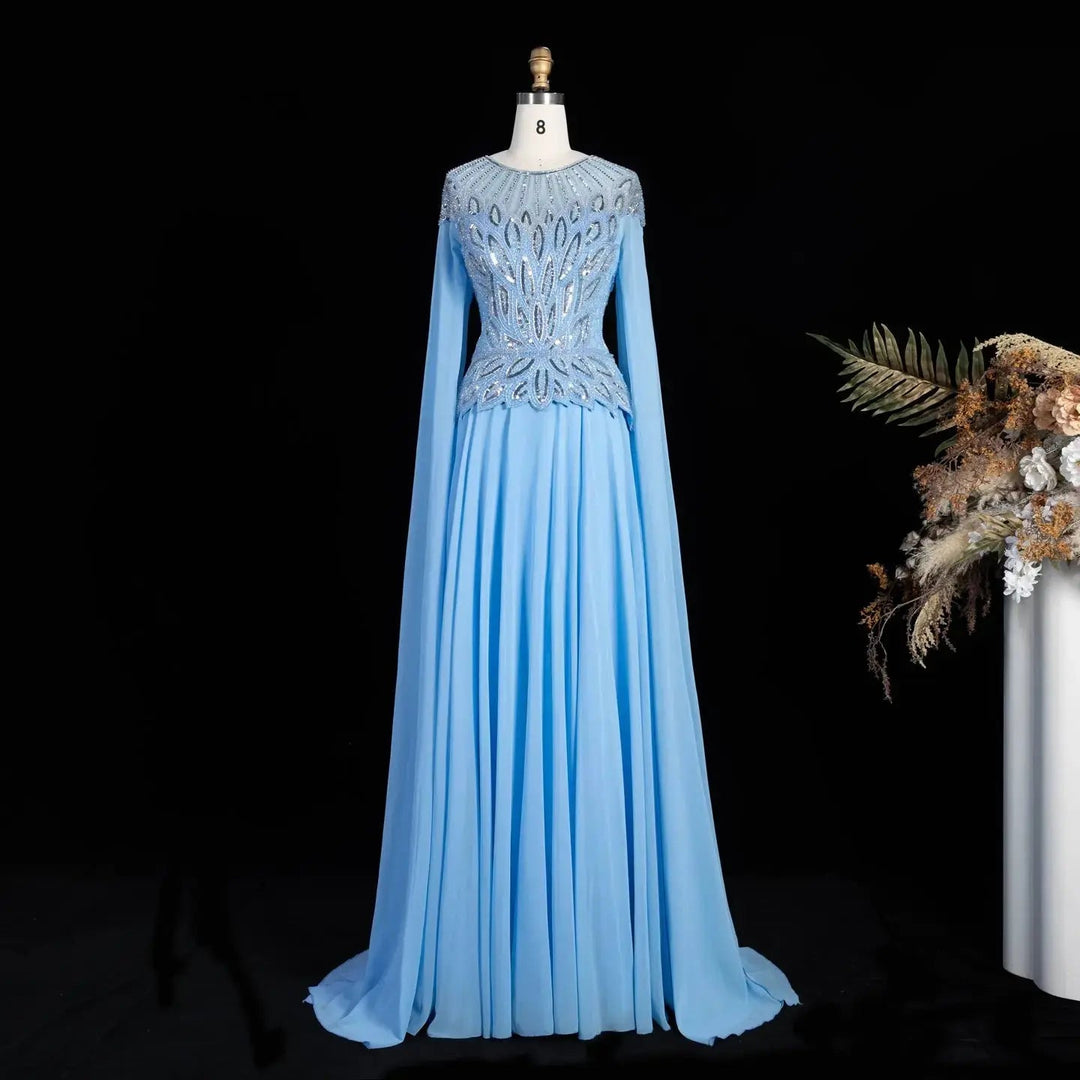 Elegant Crystal Beaded Evening Gown with Draped Sleeves SS104