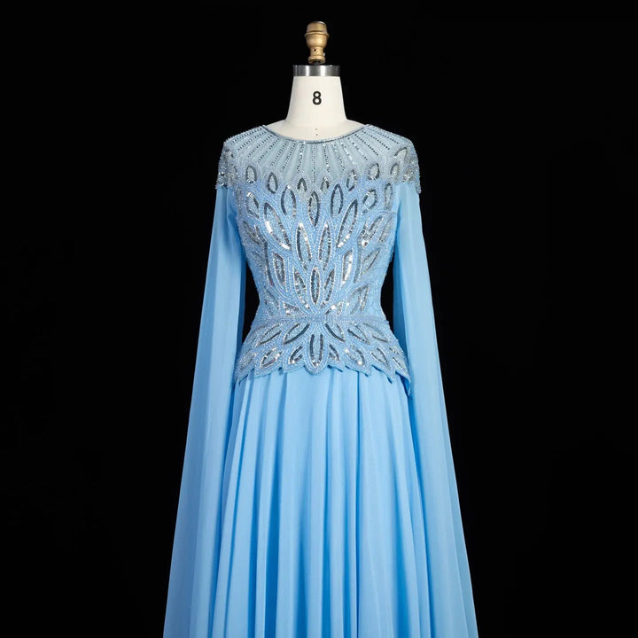 Elegant Crystal Beaded Evening Gown with Draped Sleeves SS104