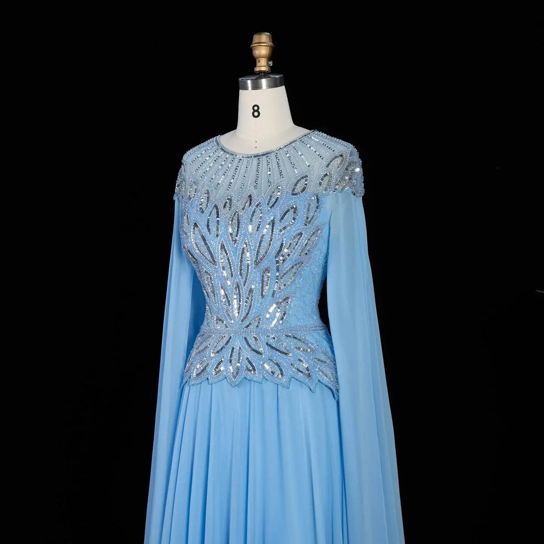 Elegant Crystal Beaded Evening Gown with Draped Sleeves SS104