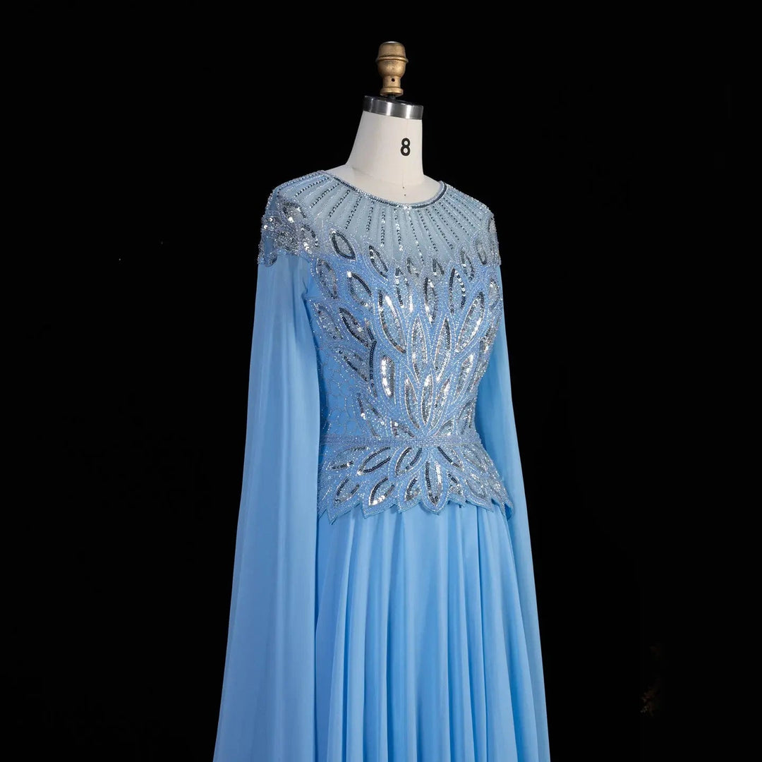 Elegant Crystal Beaded Evening Gown with Draped Sleeves SS104