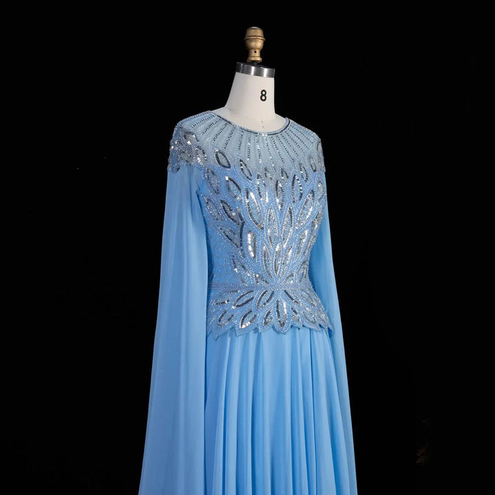 Elegant Crystal Beaded Evening Gown with Draped Sleeves SS104