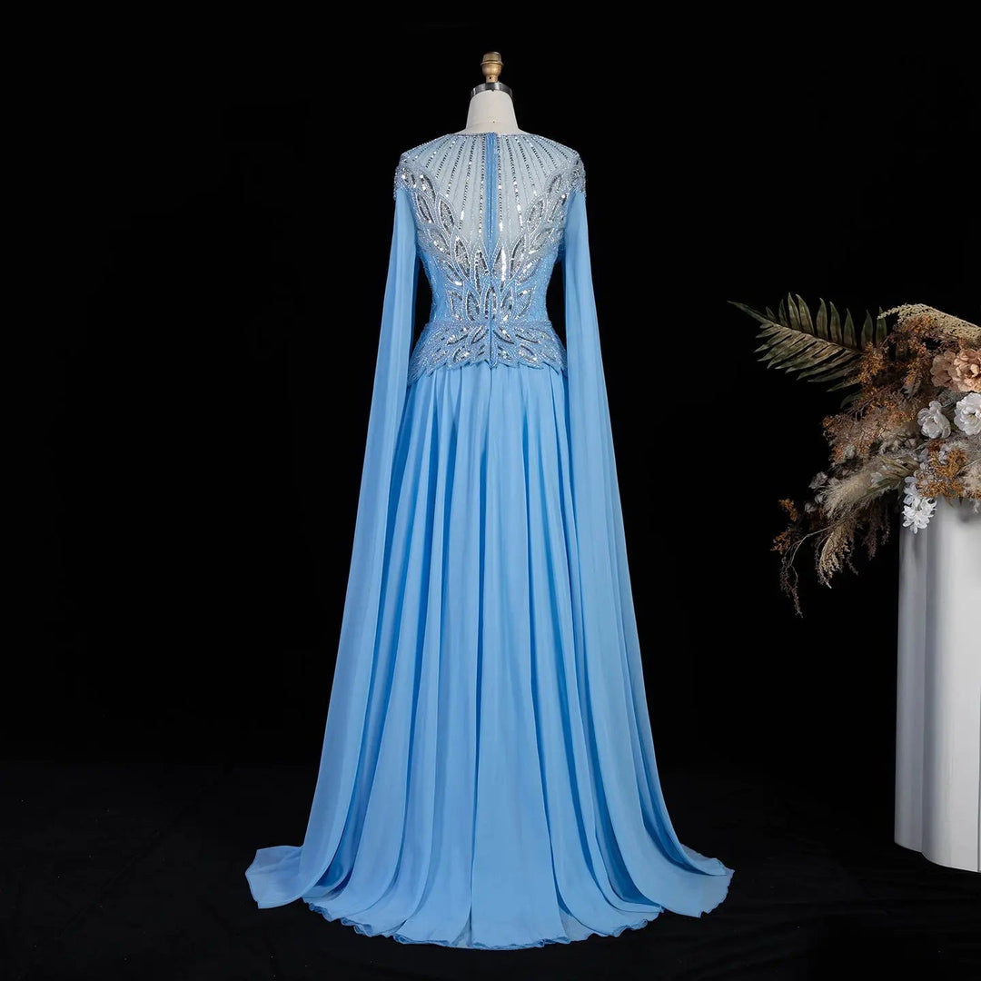 Elegant Crystal Beaded Evening Gown with Draped Sleeves SS104