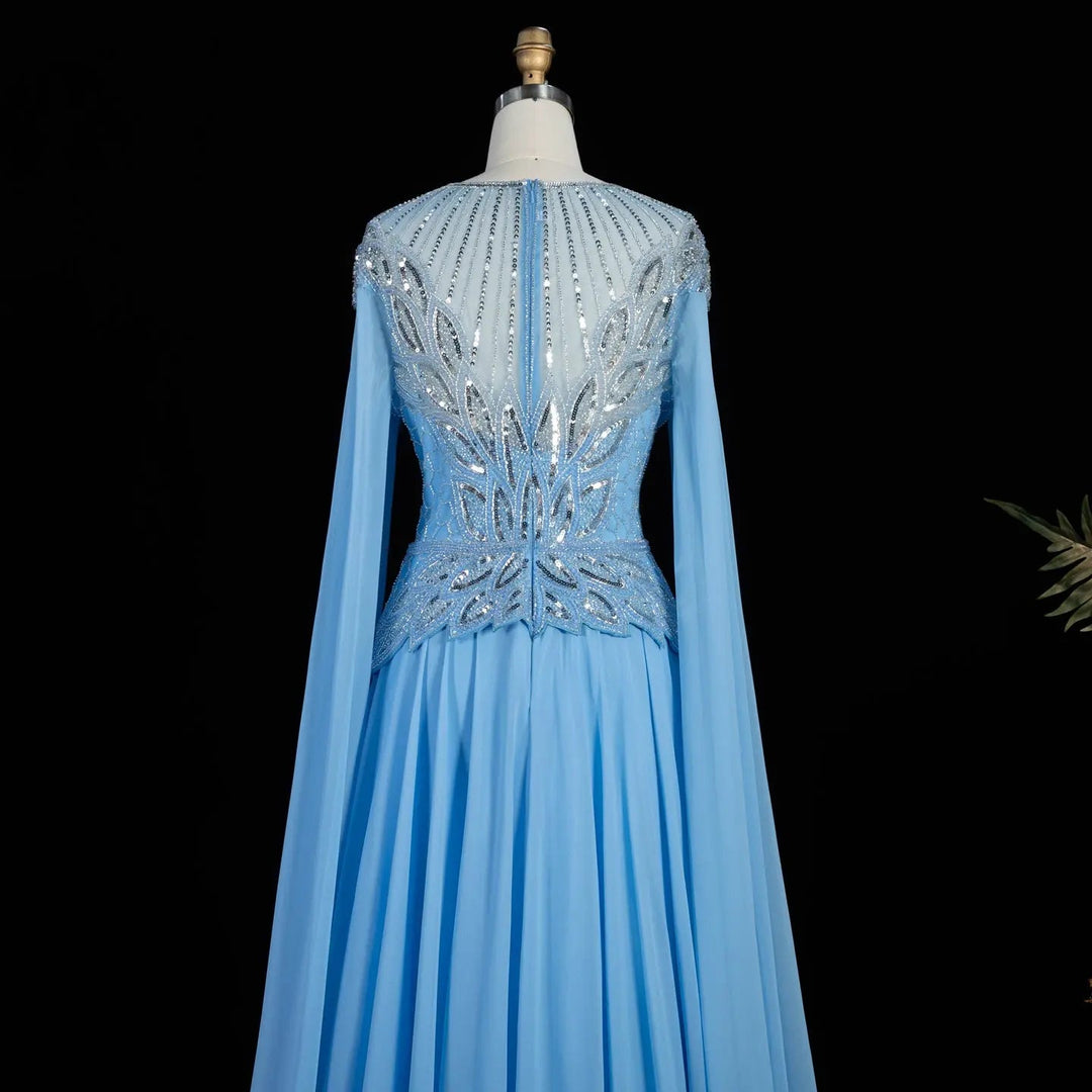 Elegant Crystal Beaded Evening Gown with Draped Sleeves SS104
