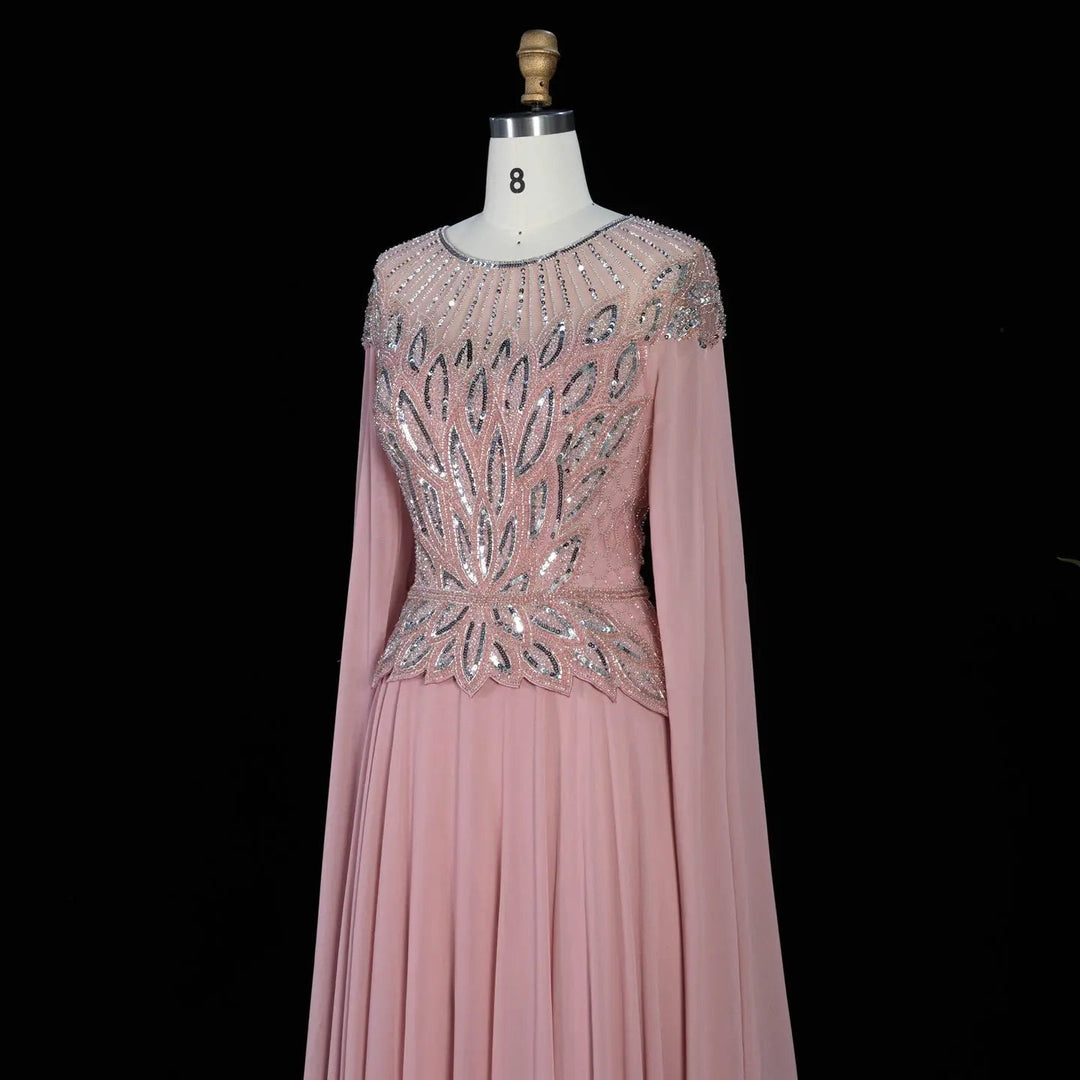 Elegant Crystal Beaded Evening Gown with Draped Sleeves SS104
