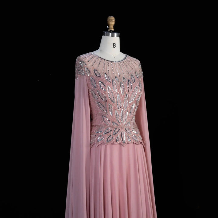 Elegant Crystal Beaded Evening Gown with Draped Sleeves SS104
