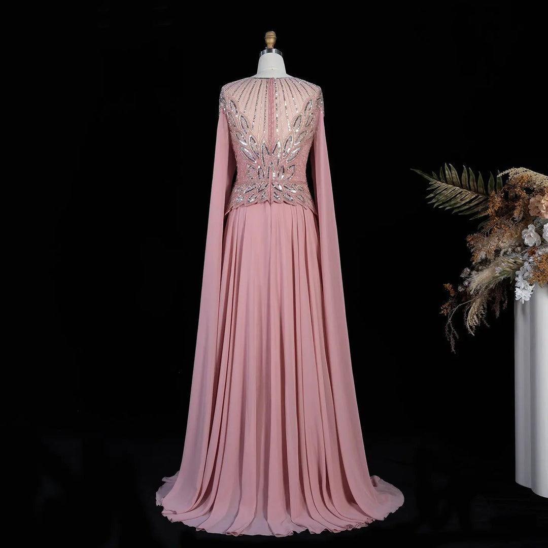 Elegant Crystal Beaded Evening Gown with Draped Sleeves SS104