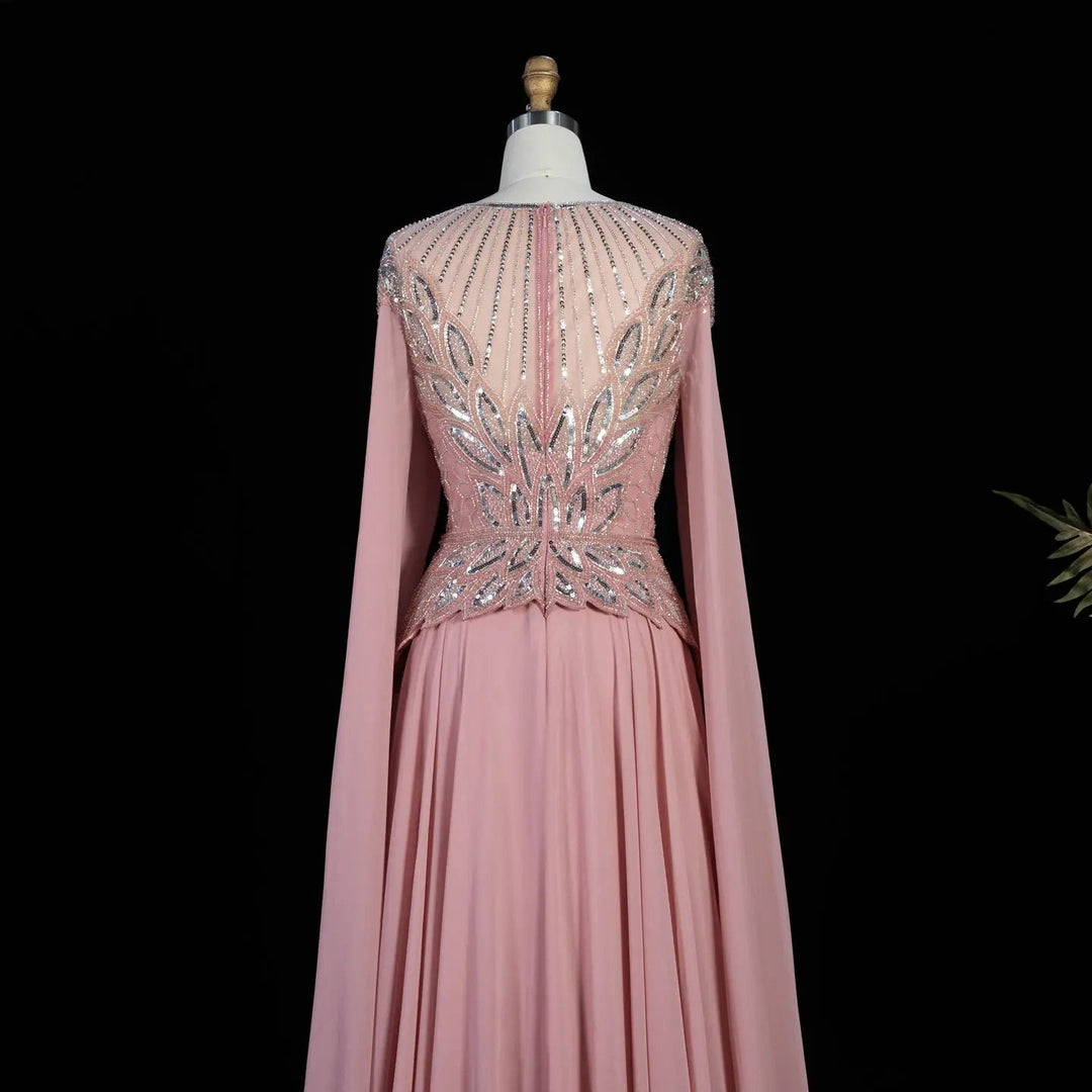 Elegant Crystal Beaded Evening Gown with Draped Sleeves SS104