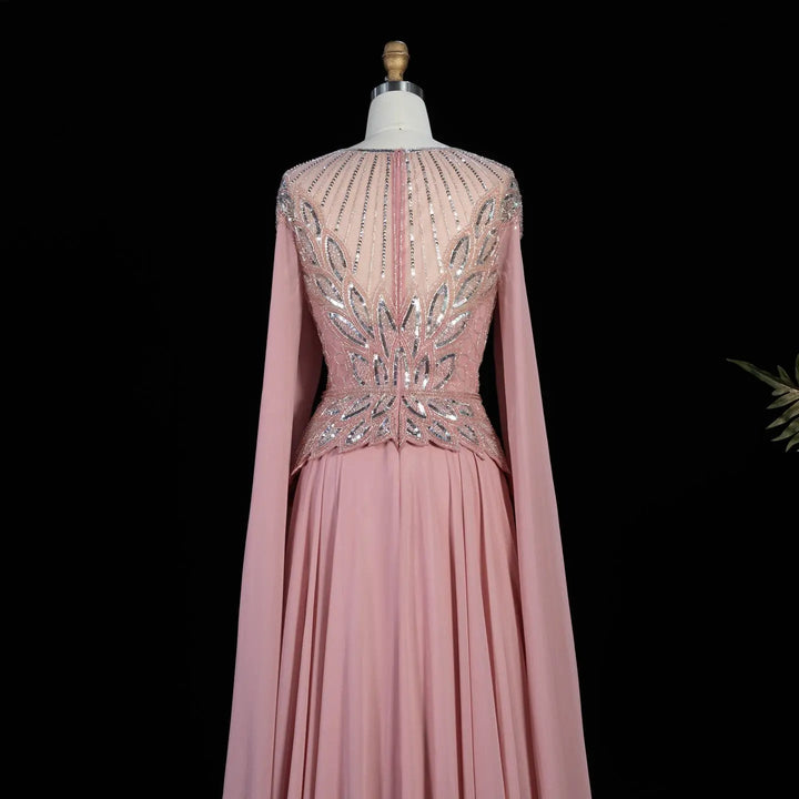 Elegant Crystal Beaded Evening Gown with Draped Sleeves SS104