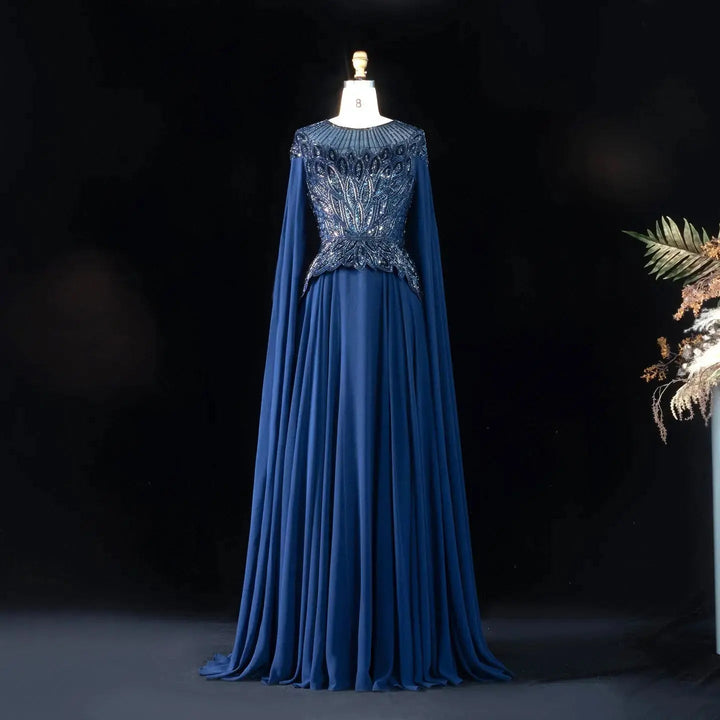 Elegant Crystal Beaded Evening Gown with Draped Sleeves SS104