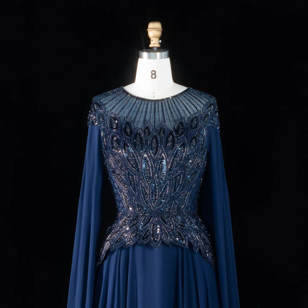 Elegant Crystal Beaded Evening Gown with Draped Sleeves SS104