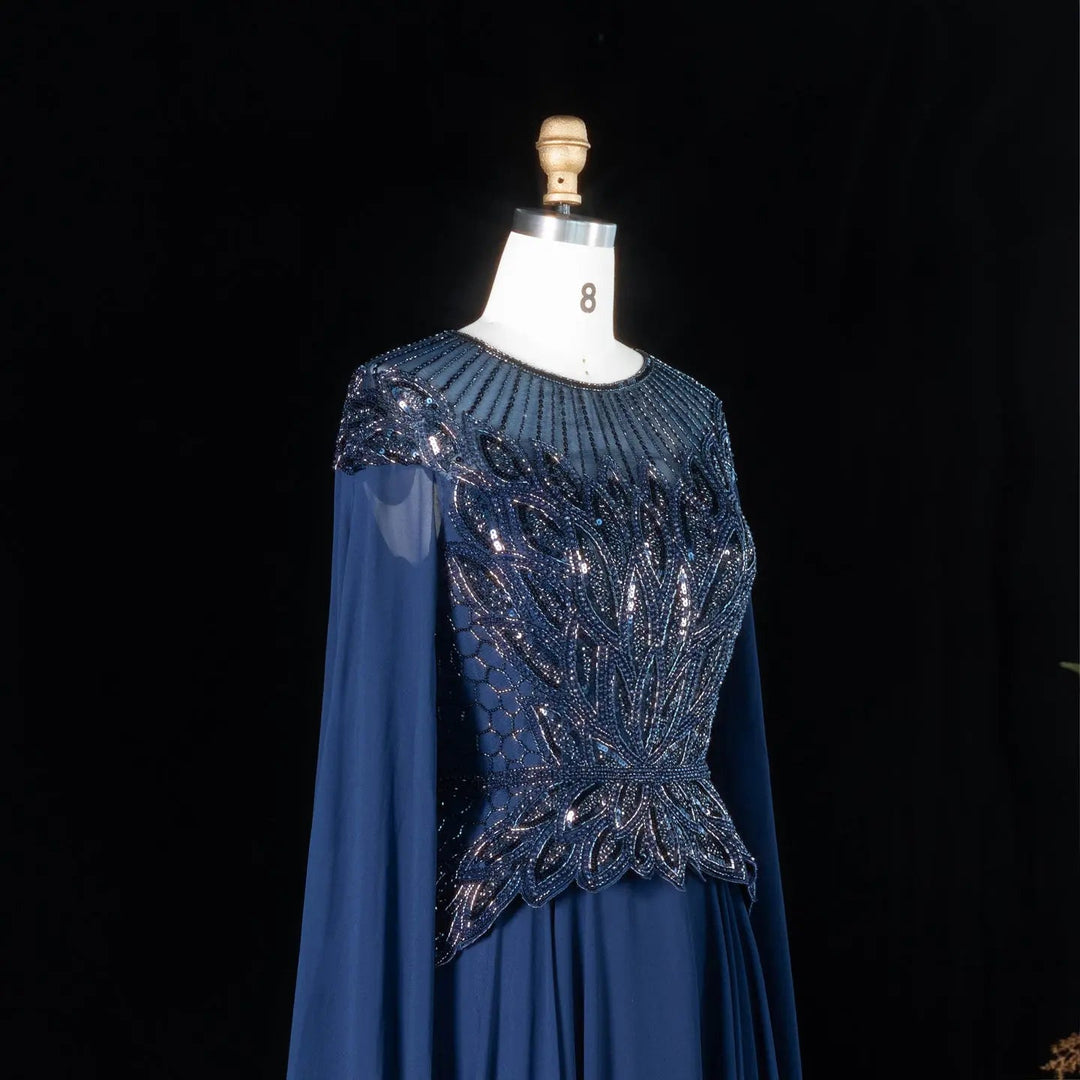 Elegant Crystal Beaded Evening Gown with Draped Sleeves SS104