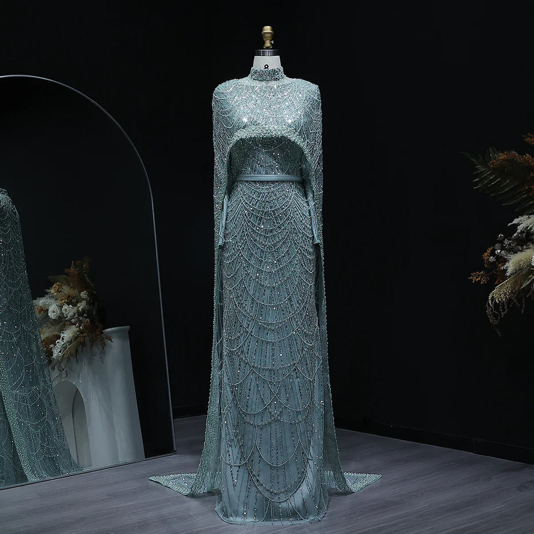 Nude Luxury Long Sleeves Muslim Evening Dresses with Cape SS369A