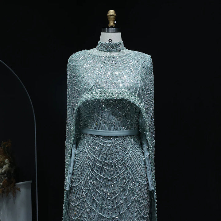 Nude Luxury Long Sleeves Muslim Evening Dresses with Cape SS369A