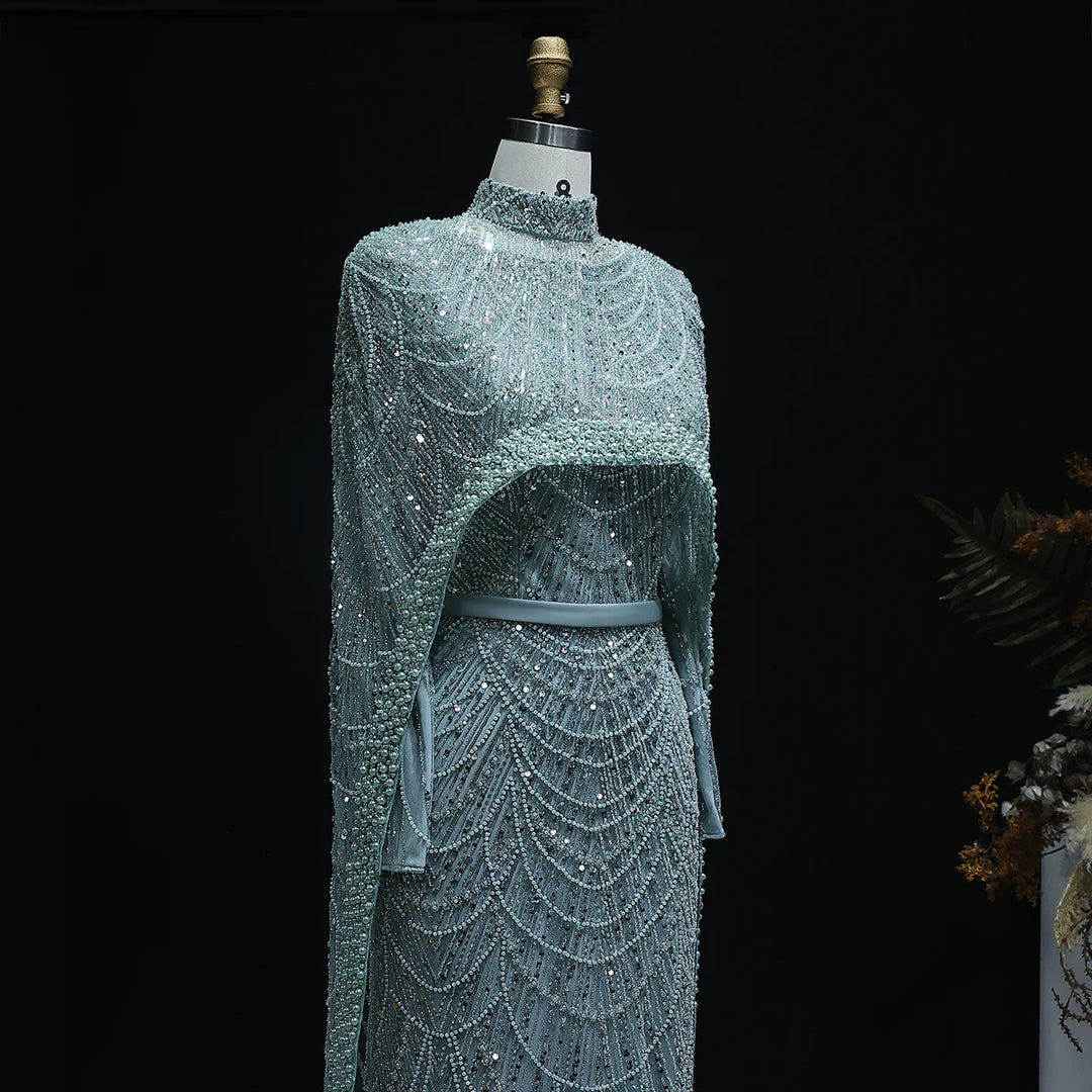 Nude Luxury Long Sleeves Muslim Evening Dresses with Cape SS369A