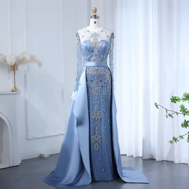 Luxury Beaded Blue Long Sleeves Evening Dresses with Overskirt SS324