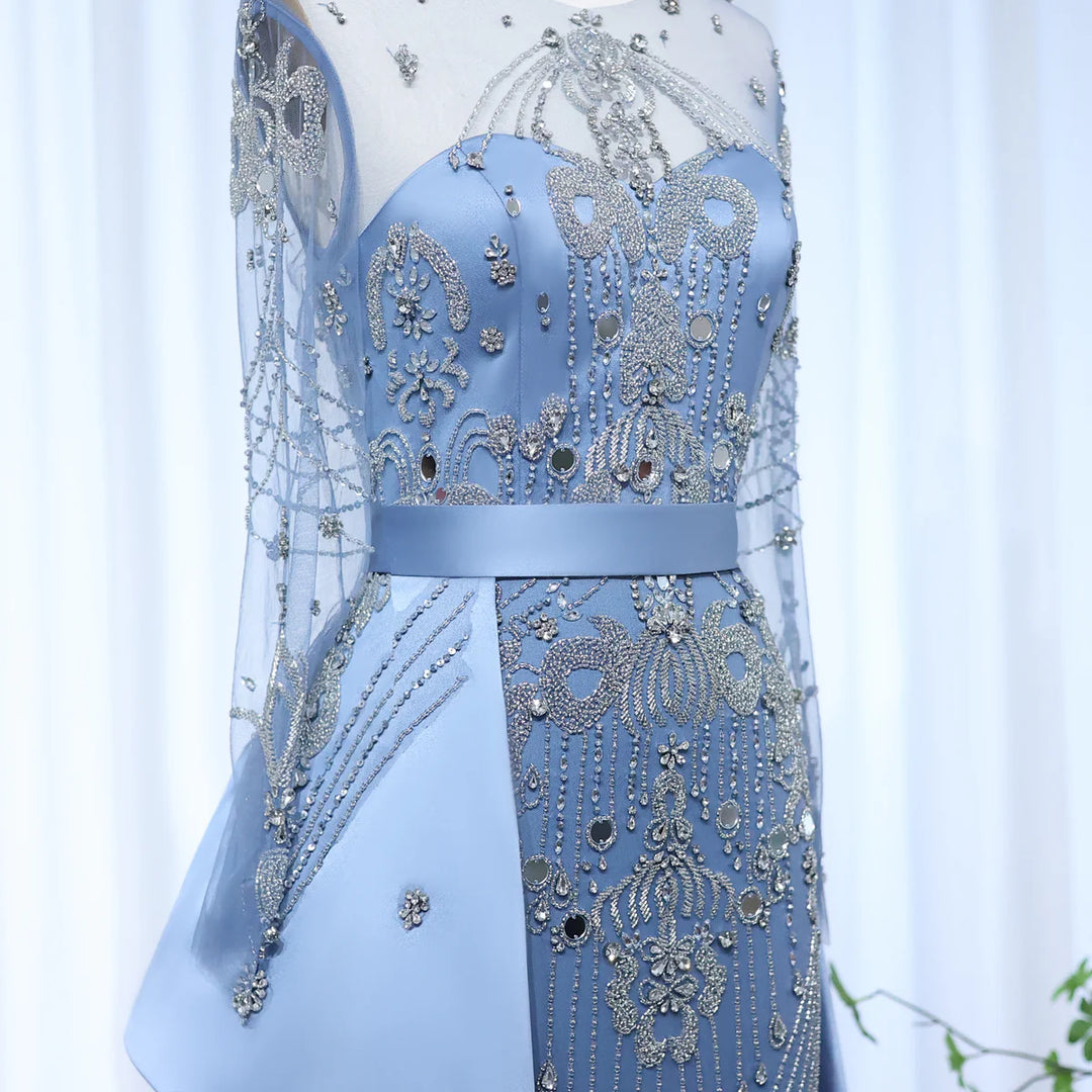 Luxury Beaded Blue Long Sleeves Evening Dresses with Overskirt SS324