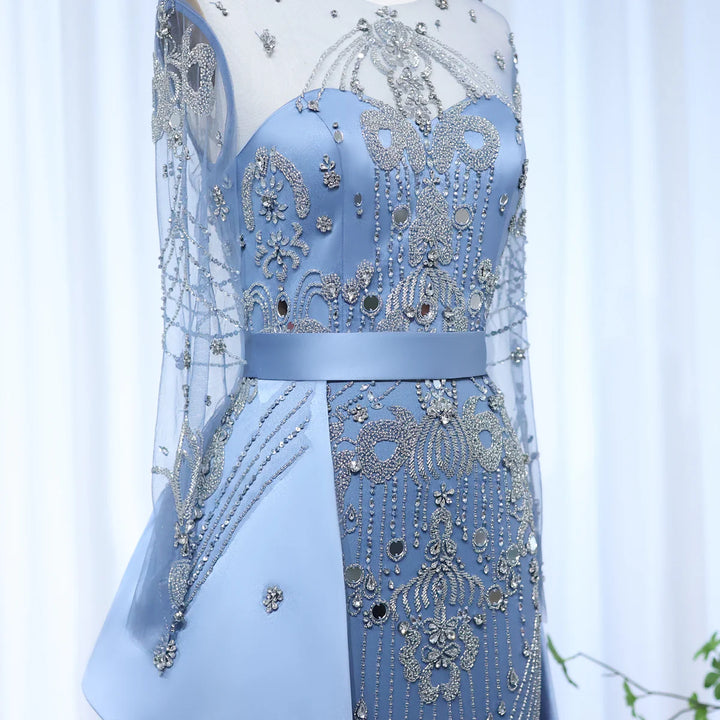 Luxury Beaded Blue Long Sleeves Evening Dresses with Overskirt SS324
