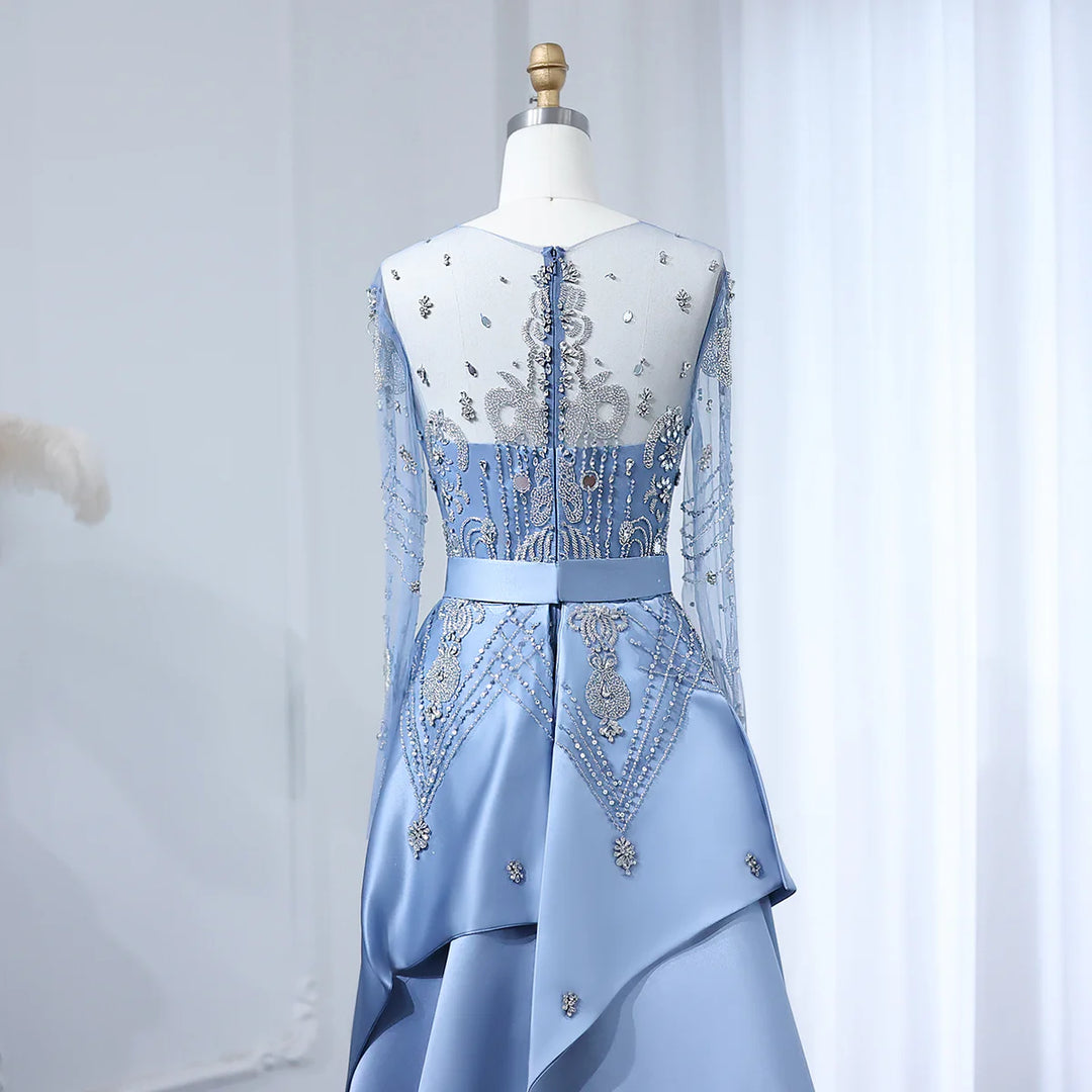 Luxury Beaded Blue Long Sleeves Evening Dresses with Overskirt SS324