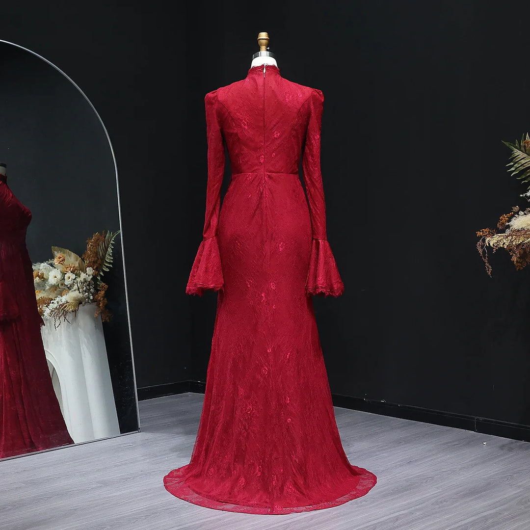 Burgundy Evening Dress with High Neck and Lace Long Flare Sleeves SF484