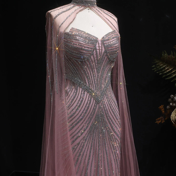 Elegant Pink Mermaid Evening Dress with Crystals Cape SS017