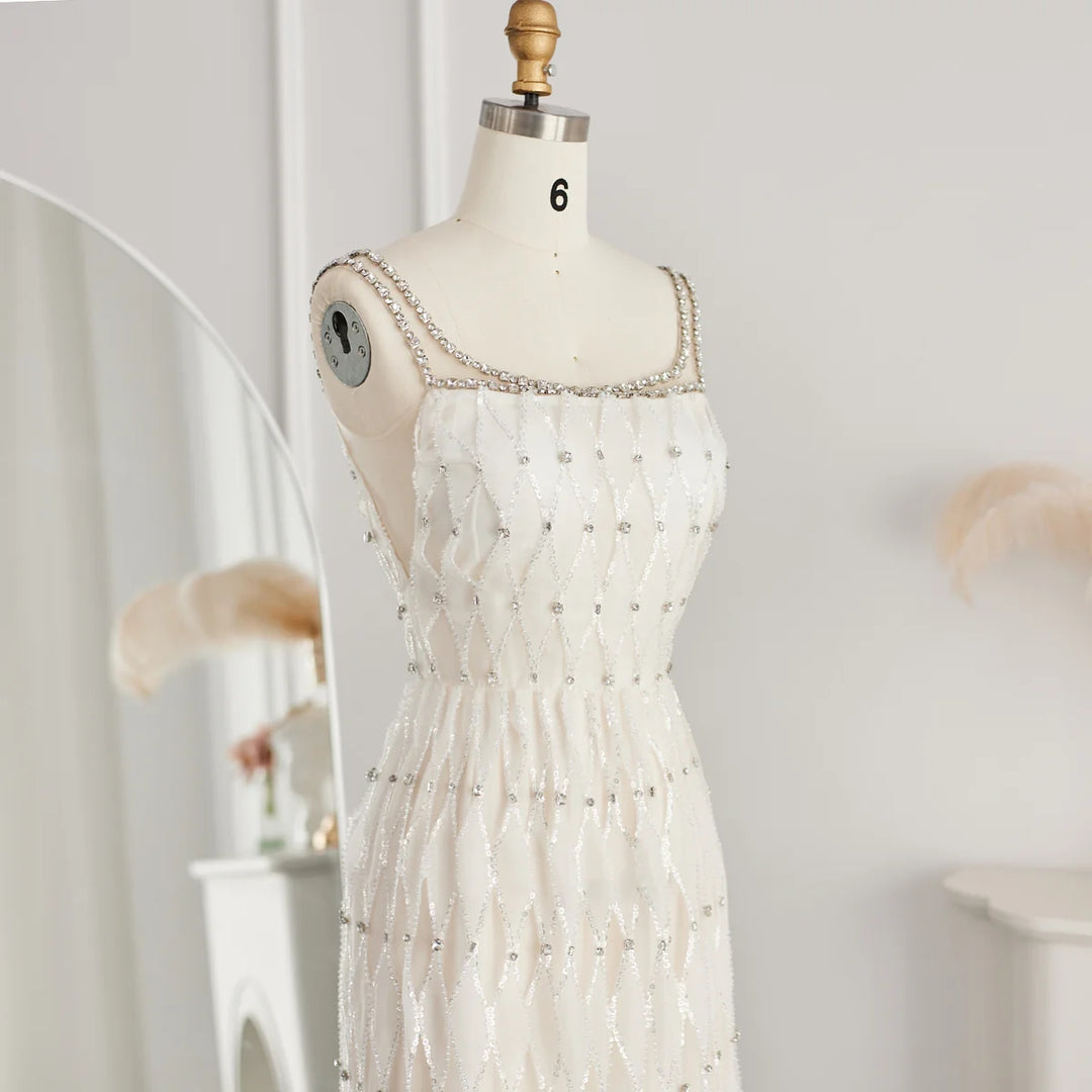 Elegant Crystal White Midi Square Neckline Dubai Evening Dress SS058