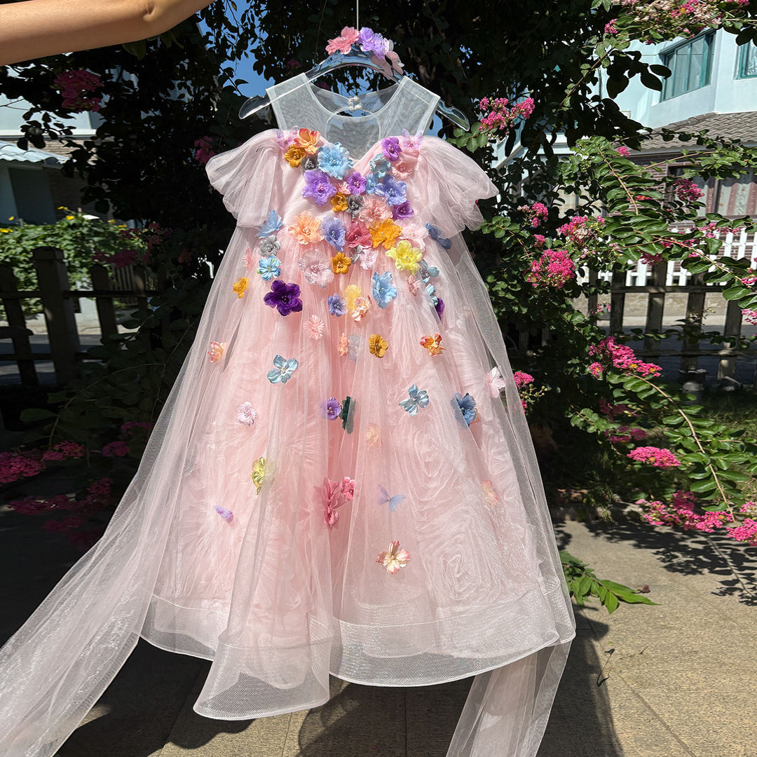 Green Flower Girl Dress with Floral Appliqués Floor Length D103