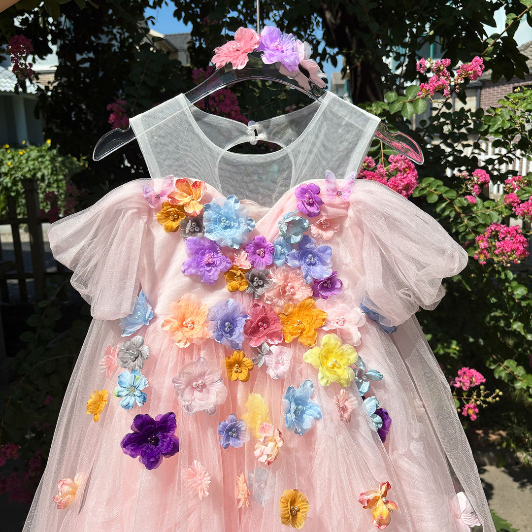 Green Flower Girl Dress with Floral Appliqués Floor Length D103