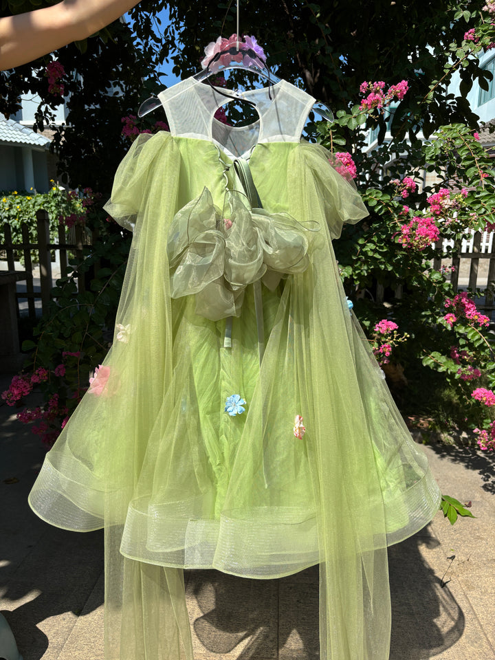 Green Flower Girl Dress with Floral Appliqués Floor Length D103