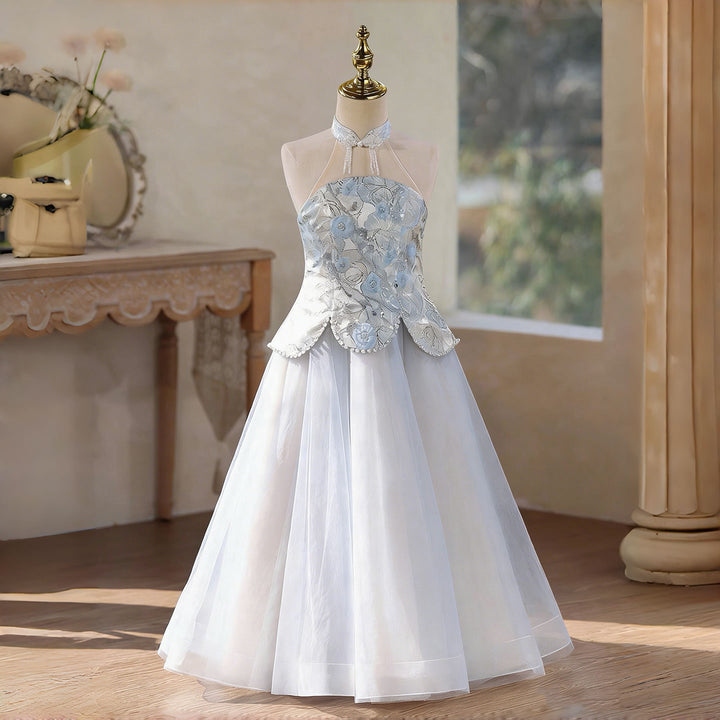 Luxury Blue Flower Girl Dress with 3D Floral Appliqué Princess Wedding Party Gown D331