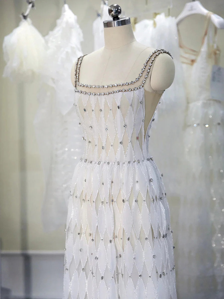 Elegant Crystal White Midi Square Neckline Dubai Evening Dress SS058