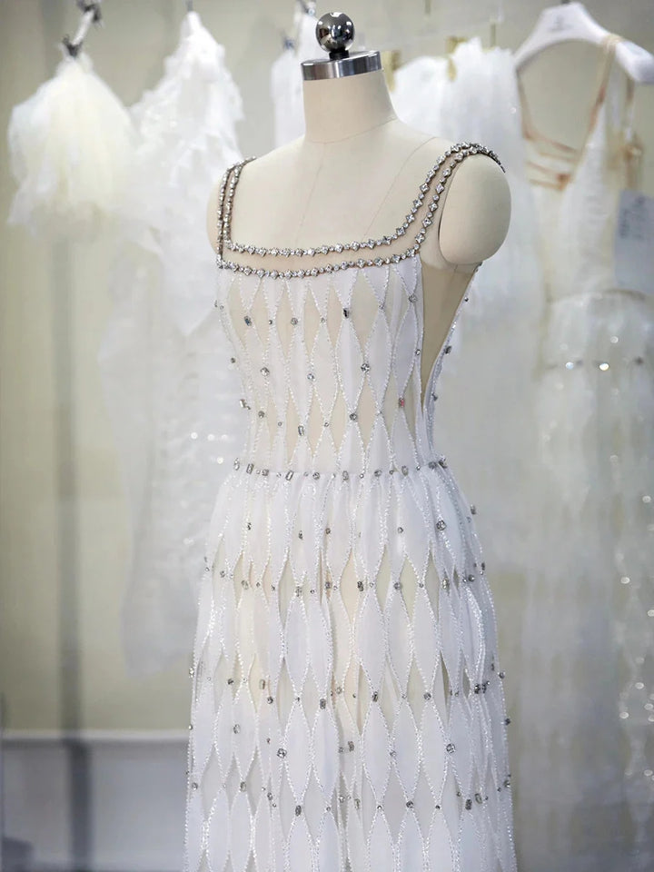 Elegant Crystal White Midi Square Neckline Dubai Evening Dress SS058