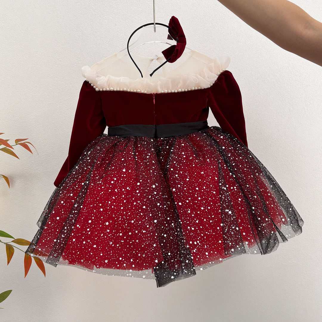Burgundy Flower Girl Dress Scalloped for Princess Kids 1st Birthday Party J478