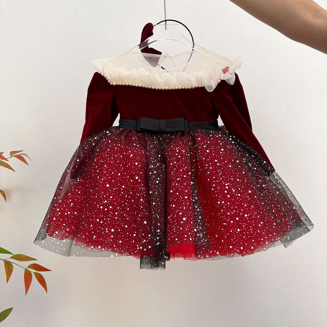 Burgundy Flower Girl Dress Scalloped for Princess Kids 1st Birthday Party J478