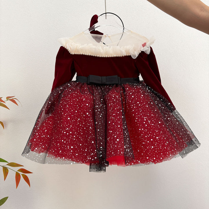 Burgundy Flower Girl Dress Scalloped for Princess Kids 1st Birthday Party J478