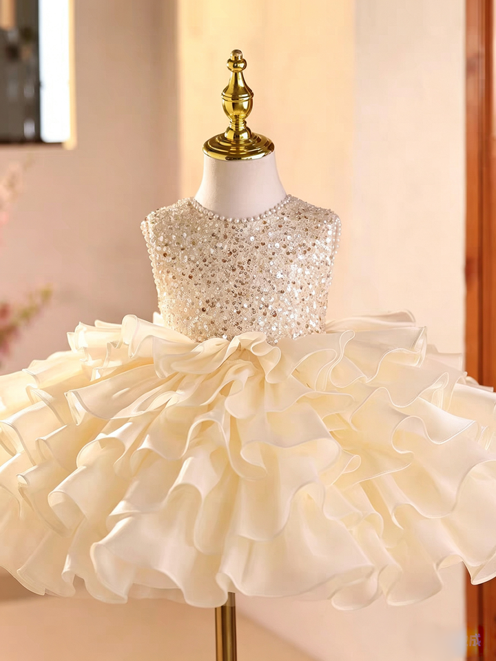 Luxury Champagne Flower Girl Dress with Sequin Ruffle Tulle Princess Party Gown D269