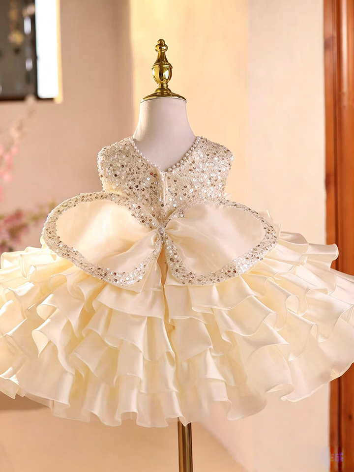 Luxury Champagne Flower Girl Dress with Sequin Ruffle Tulle Princess Party Gown D269