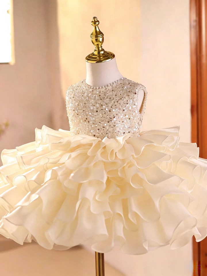 Luxury Champagne Flower Girl Dress with Sequin Ruffle Tulle Princess Party Gown D269