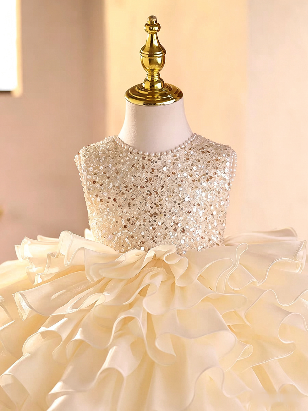 Luxury Champagne Flower Girl Dress with Sequin Ruffle Tulle Princess Party Gown D269