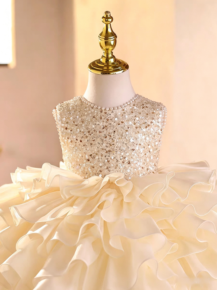 Luxury Champagne Flower Girl Dress with Sequin Ruffle Tulle Princess Party Gown D269