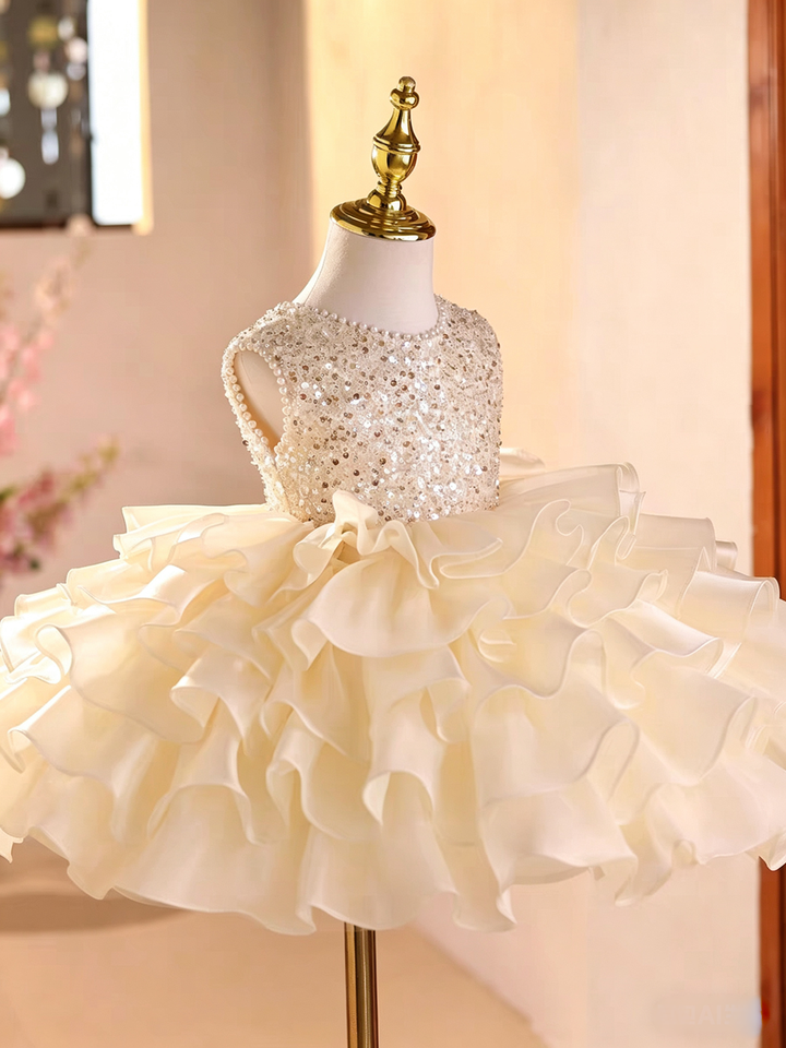 Luxury Champagne Flower Girl Dress with Sequin Ruffle Tulle Princess Party Gown D269