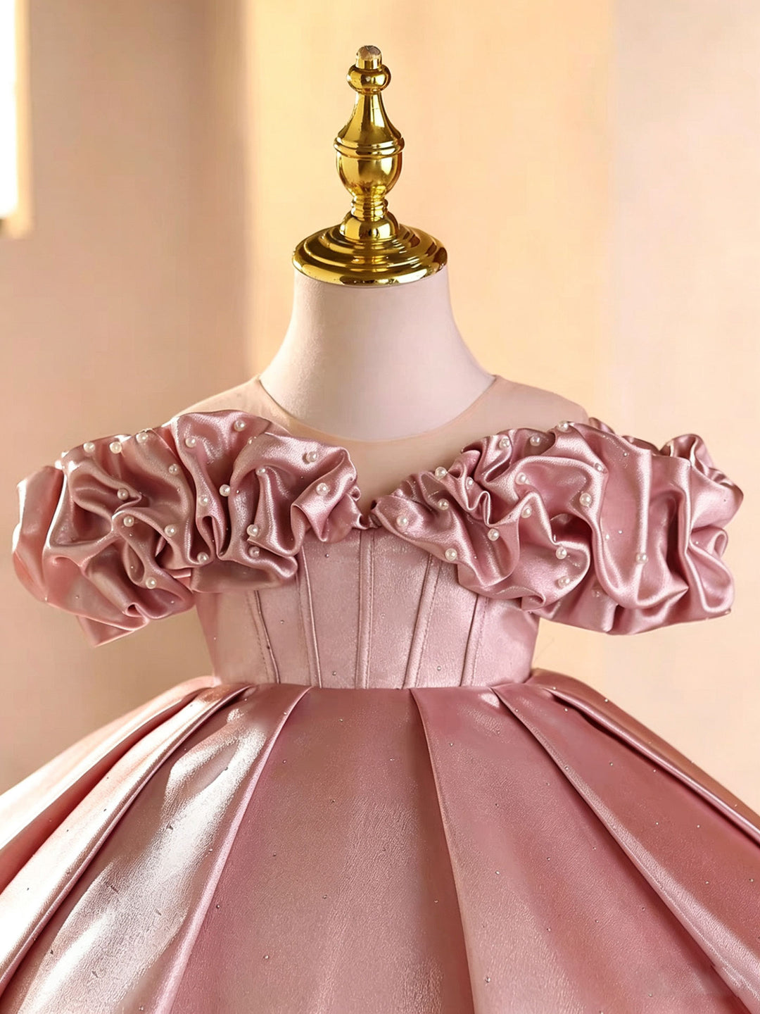 Elegant Pink Satin Flower Girl Dress with Pearl Off-Shoulder Sleeves D272