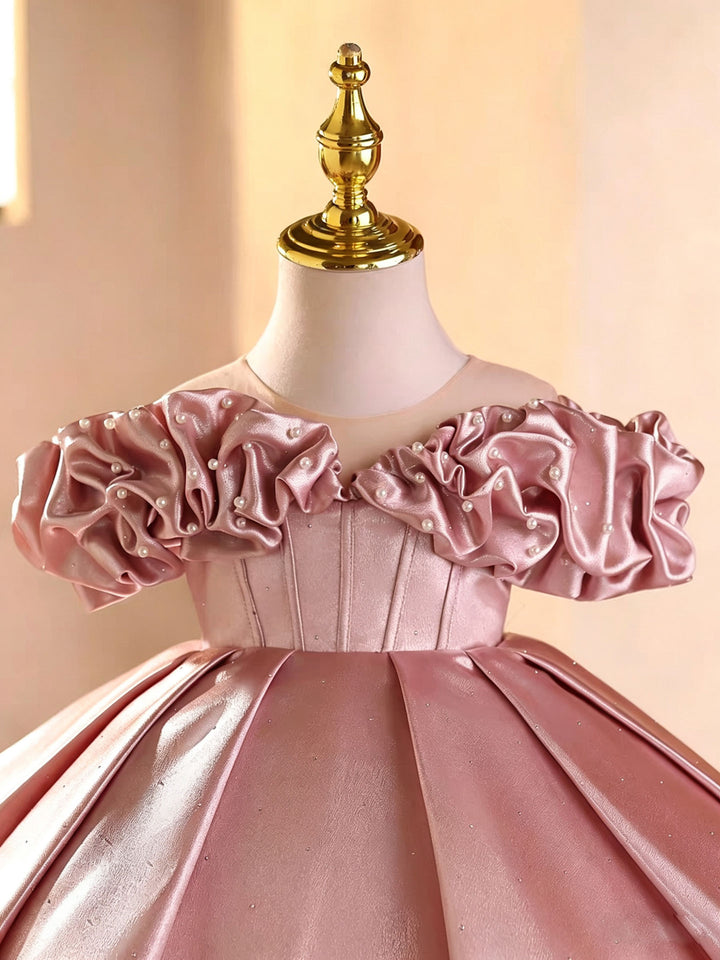 Elegant Pink Satin Flower Girl Dress with Pearl Off-Shoulder Sleeves D272