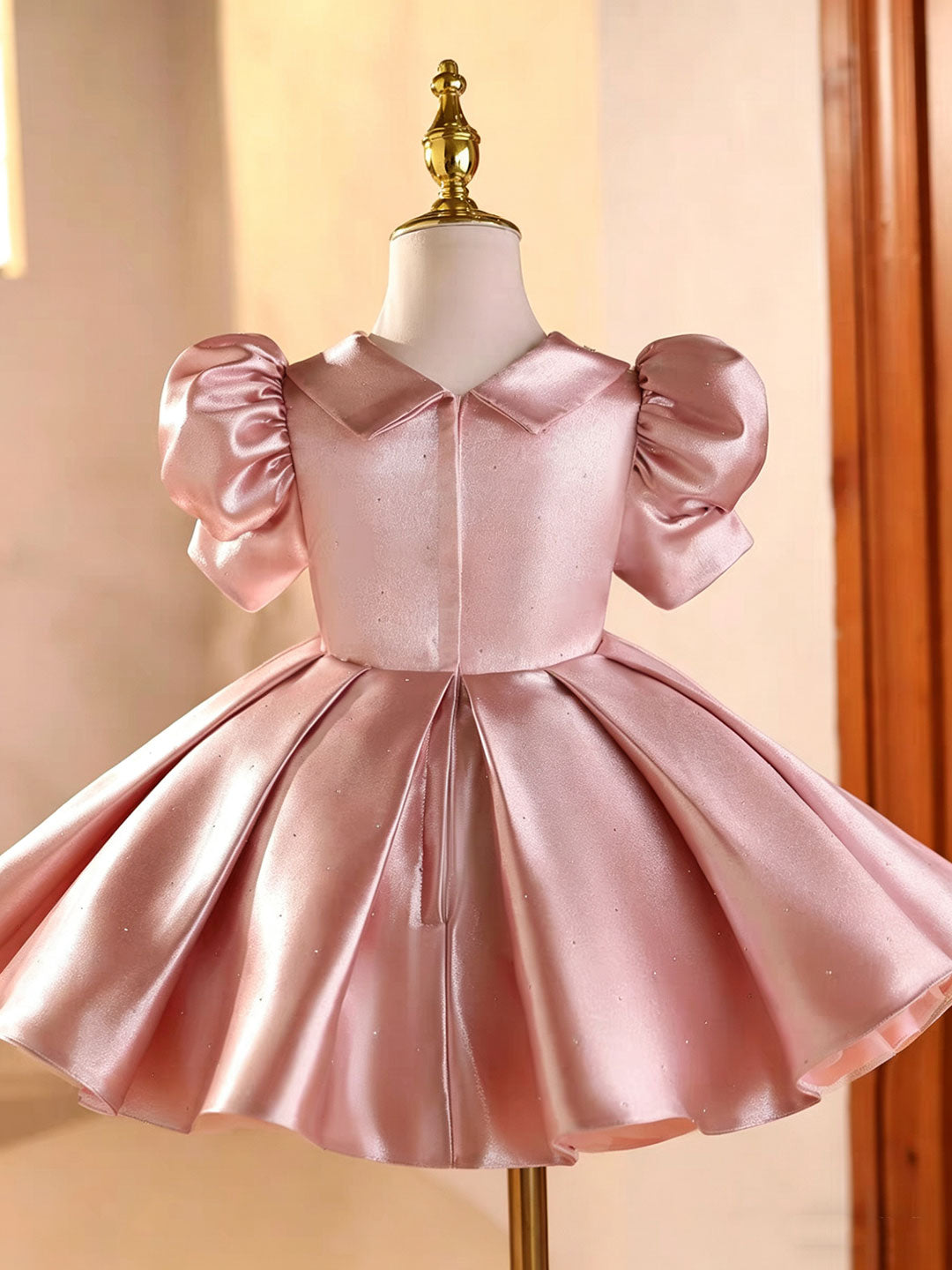 Elegant Pink Satin Flower Girl Dress for Girls Puffy Princess Party Dress J895