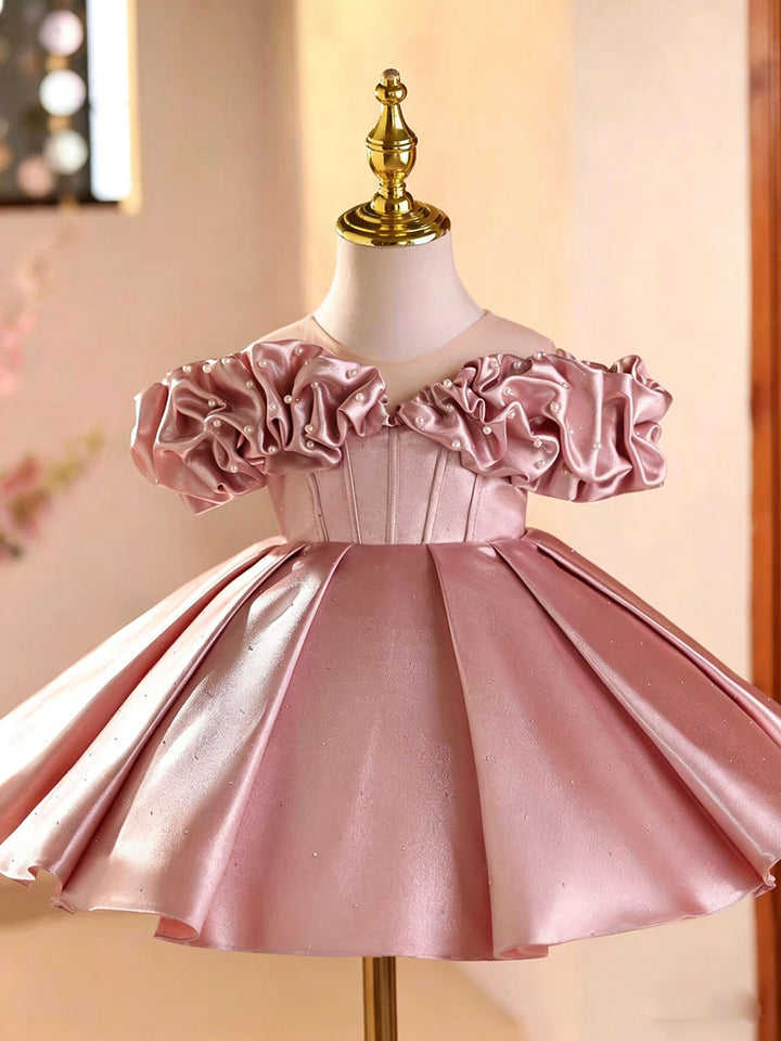 Elegant Pink Satin Flower Girl Dress with Pearl Off-Shoulder Sleeves D272
