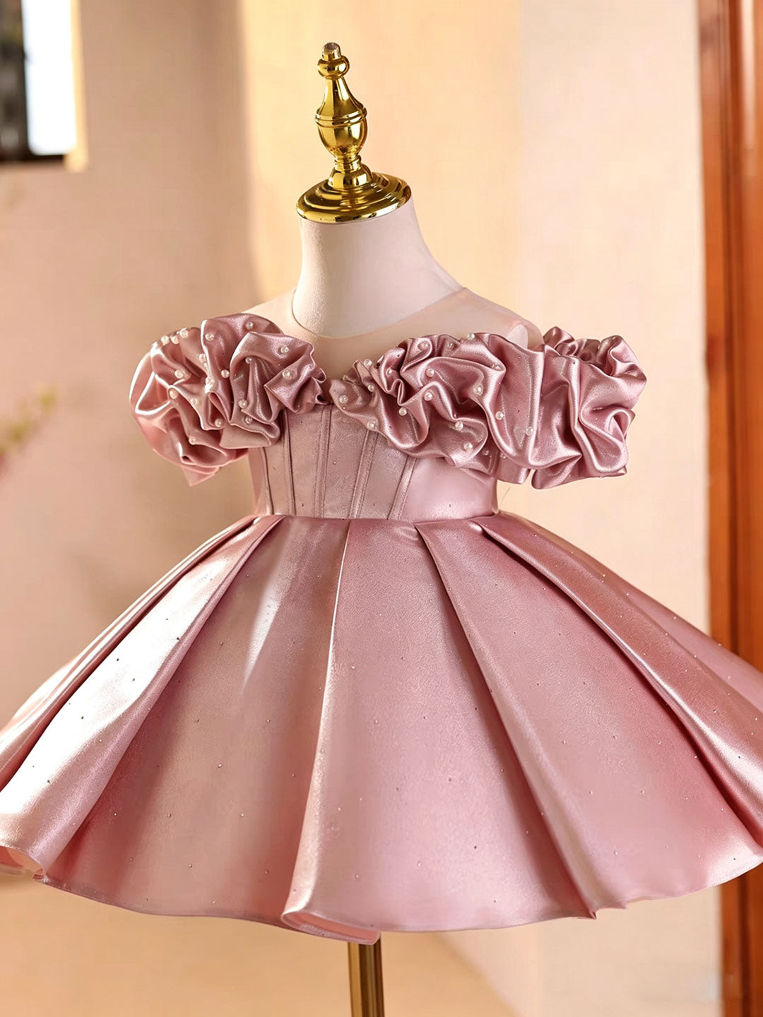 Elegant Pink Satin Flower Girl Dress with Pearl Off-Shoulder Sleeves D272