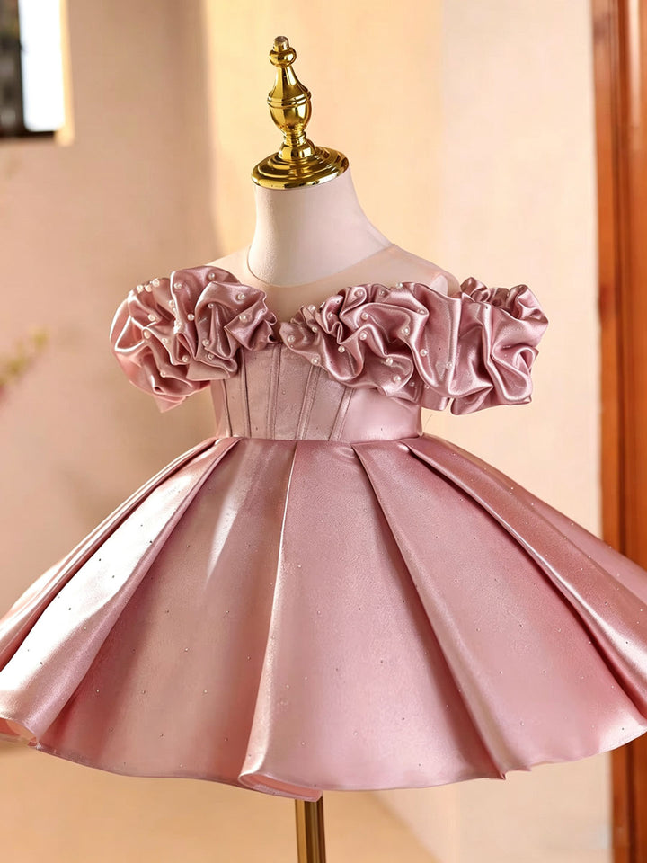 Elegant Pink Satin Flower Girl Dress with Pearl Off-Shoulder Sleeves D272