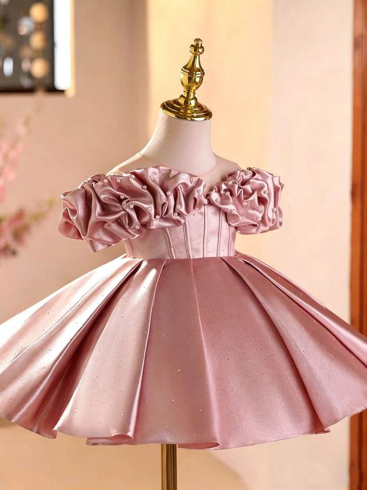 Elegant Pink Satin Flower Girl Dress with Pearl Off-Shoulder Sleeves D272