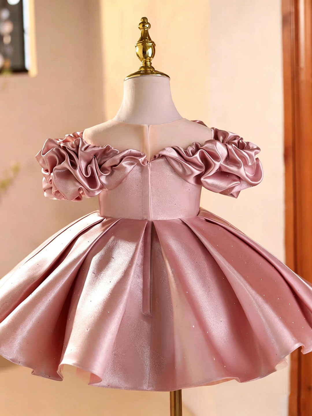 Elegant Pink Satin Flower Girl Dress with Pearl Off-Shoulder Sleeves D272
