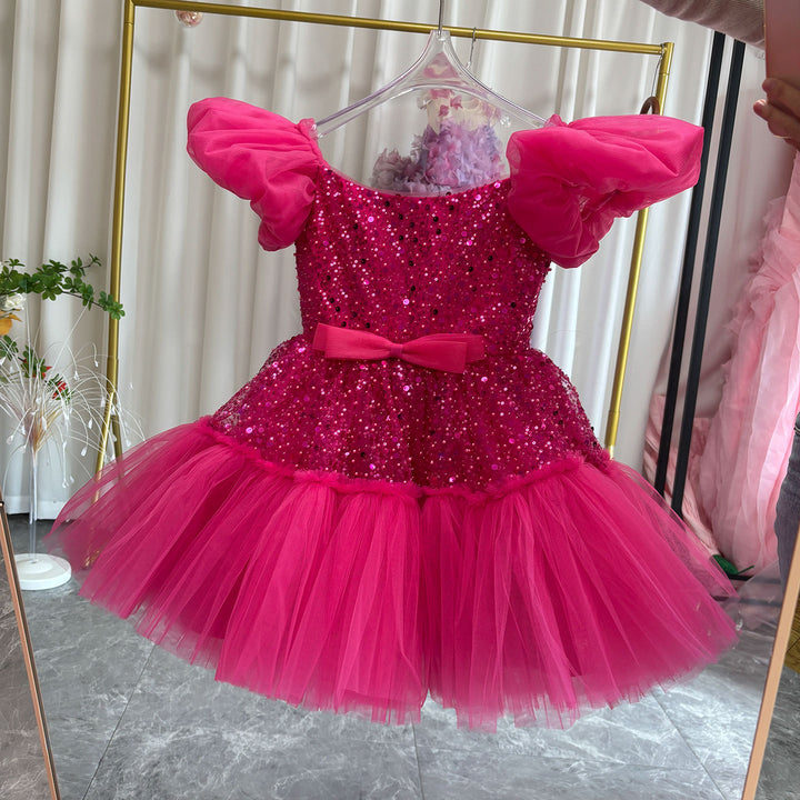 Elegant Sequins Christmas Puffy Sleeve Girl Holiday Party Dress J272